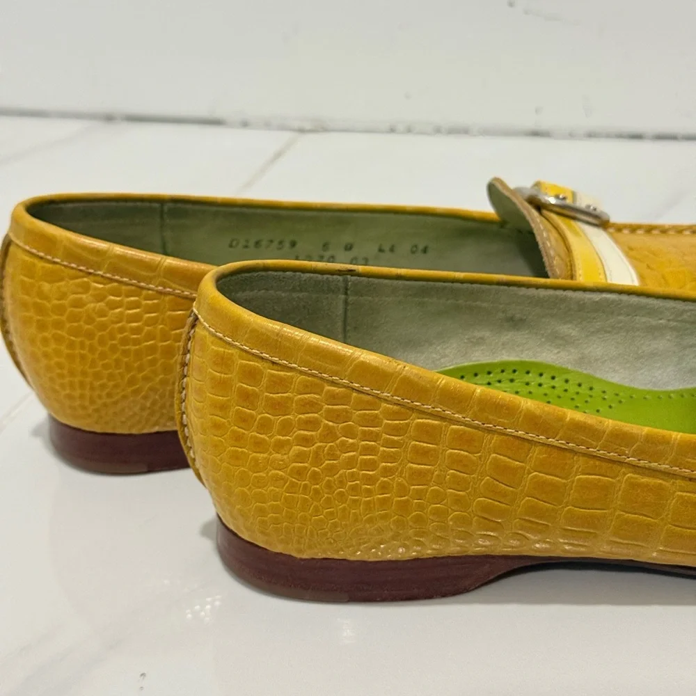 Cole Haan Yellow Croc-Embossed Loafers with Cream Strap‎ & Silver Buckle 6B